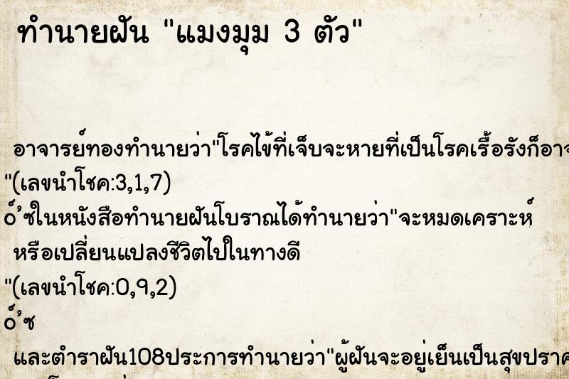 ทำนายฝันแมงมุม3ตัว ทำนายฝันทำนายฝันแมงมุม3ตัว